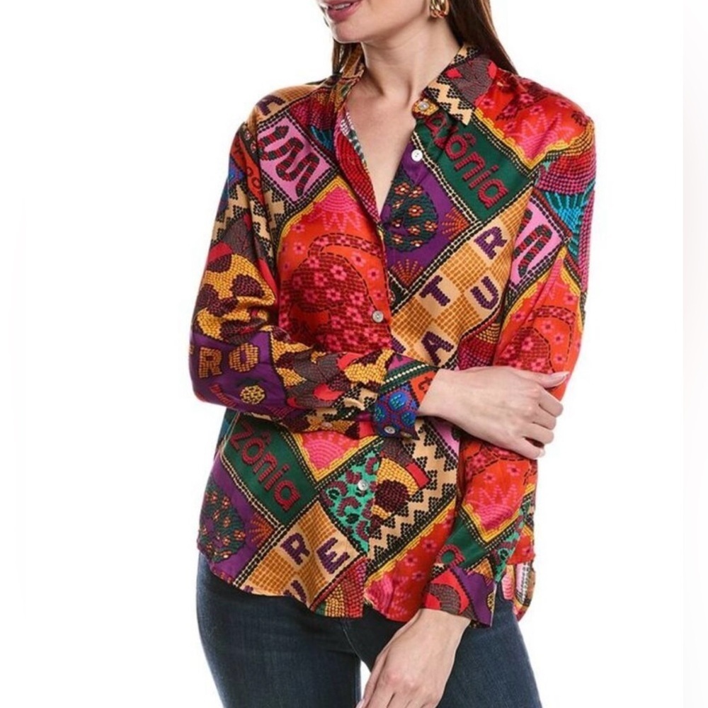 FARM RIO Dotted Patch Scarf Shirt Medium Long Sleeve Colorful Button Down